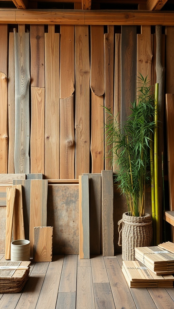 Interior view of a rustic tiny house with wooden walls and plants.