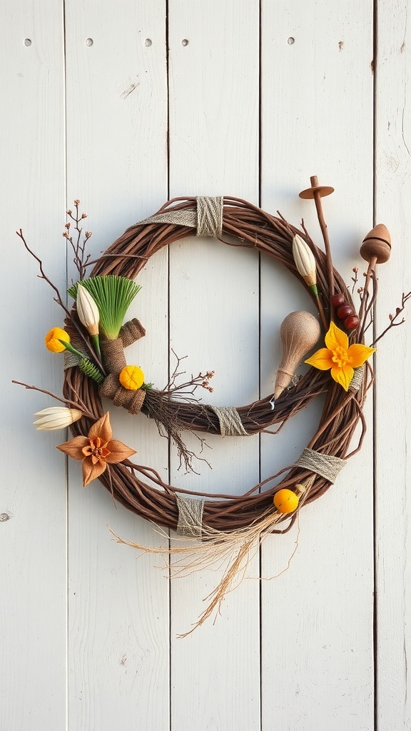 A rustic Christmas wreath made from natural materials like twigs and dried flowers.