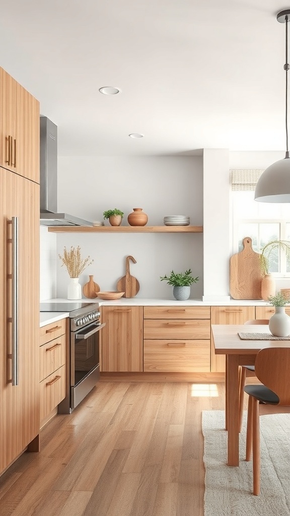 A boho farmhouse kitchen featuring natural wood cabinetry, open shelving, and plants.