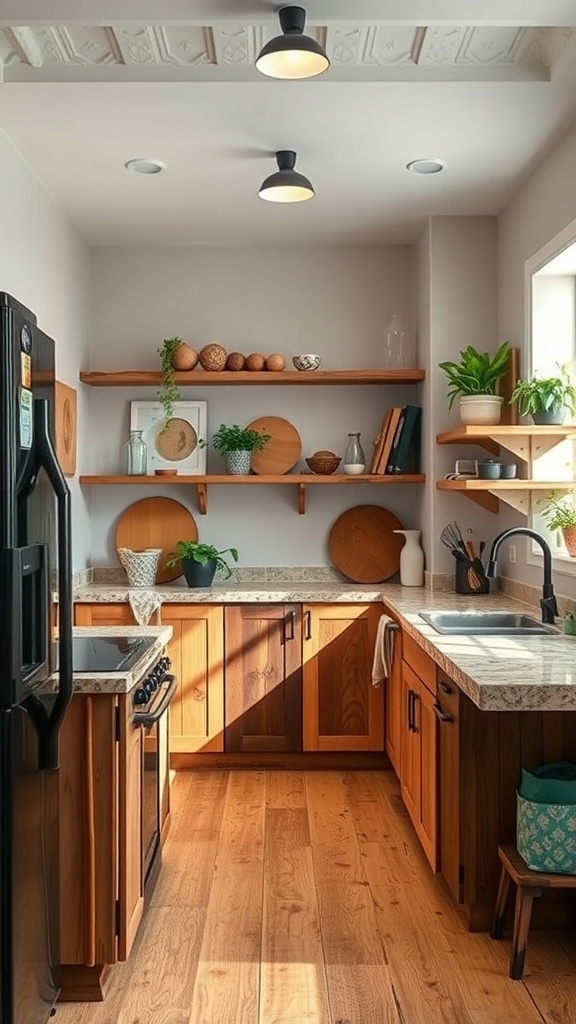 A modern farmhouse kitchen featuring wooden cabinets, open shelves, and natural light.