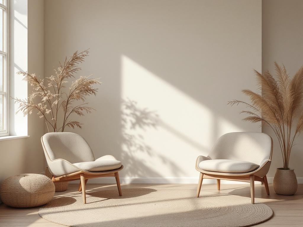 A warm minimalist home design featuring two cozy chairs, a woven pouf, and decorative plants.