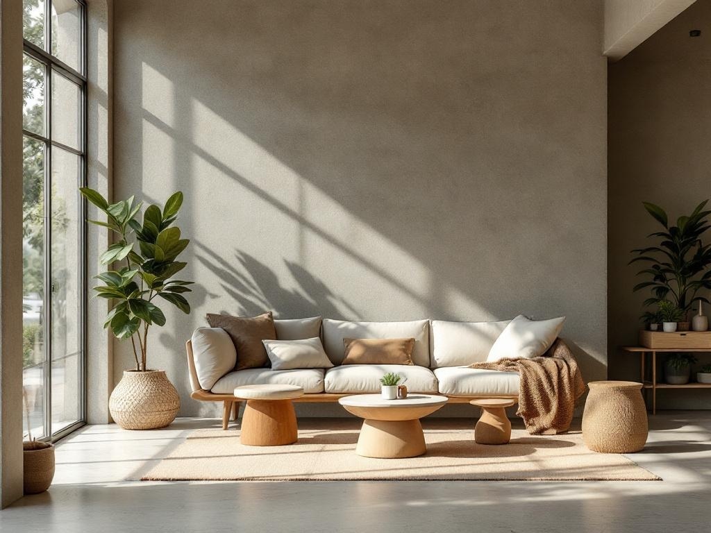 A cozy living room with a light-colored sofa, wooden coffee table, and plants, showcasing an earthy aesthetic.
