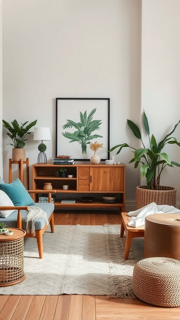 A cozy living room featuring sustainable materials like wooden furniture and plants.
