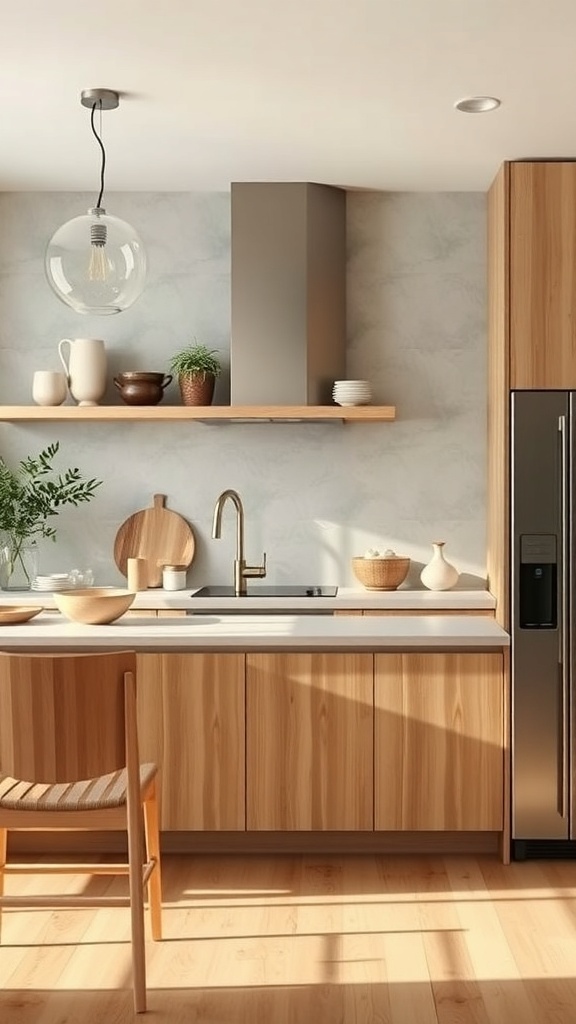 A minimalist kitchen featuring wooden cabinets, a sleek countertop, and natural decor.