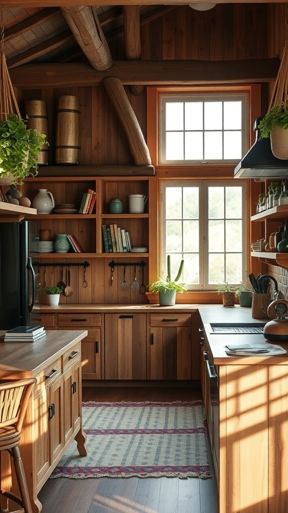 A rustic green kitchen featuring wooden cabinets, shelves, and plants.