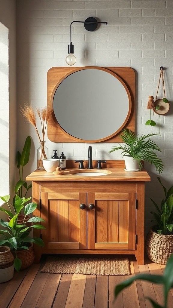 A rustic bathroom vanity made of natural wood with a round mirror and plants around it.