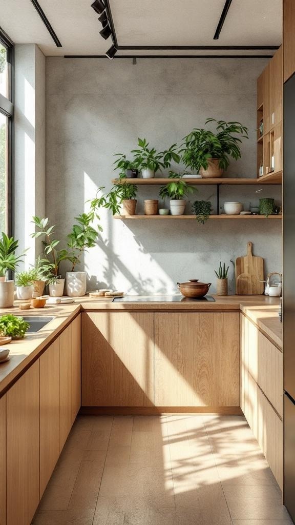 A modern kitchen with wooden cabinets, shelves filled with plants, and natural light.
