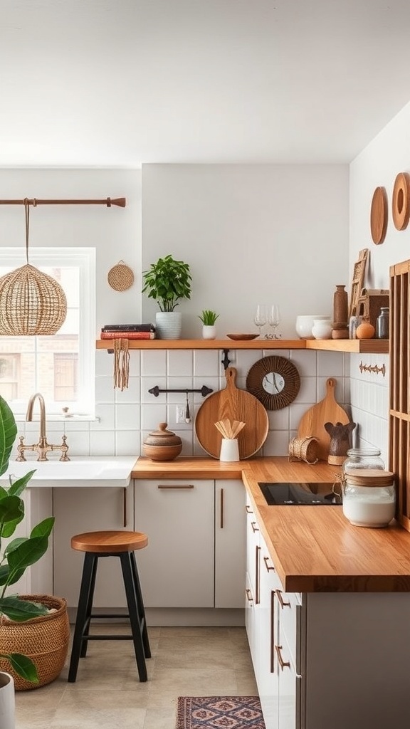 A cozy boho kitchen featuring wooden countertops, rattan light fixture, and plants.