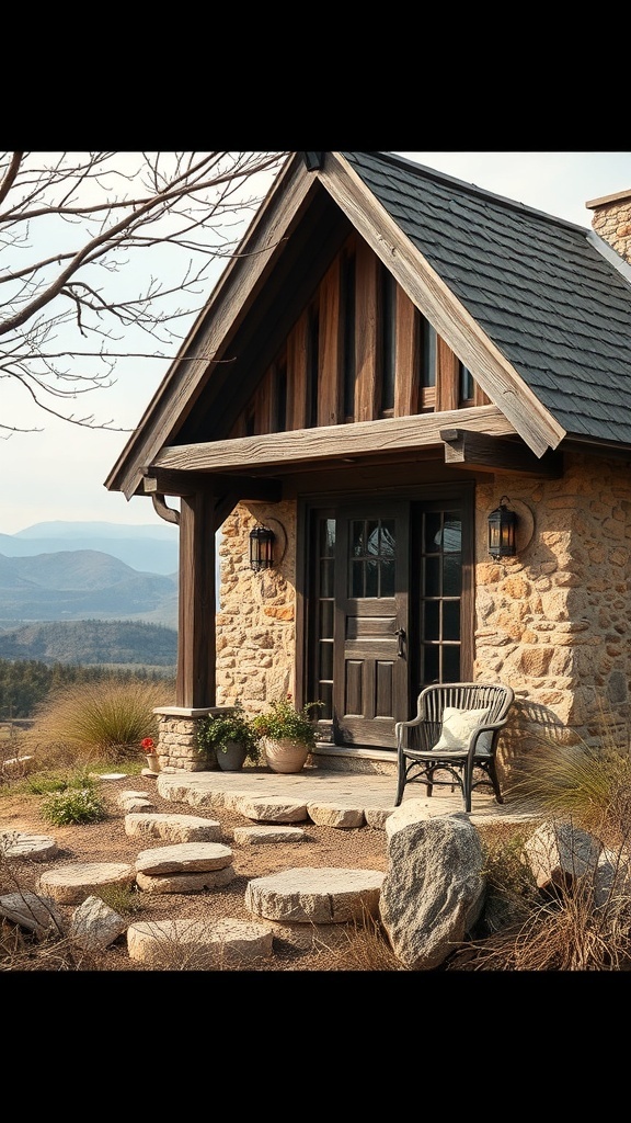 A rustic house with stone walls and wooden accents, surrounded by nature.