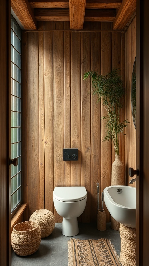 A small rustic bathroom featuring wooden walls, eco-friendly fixtures, and natural decor.