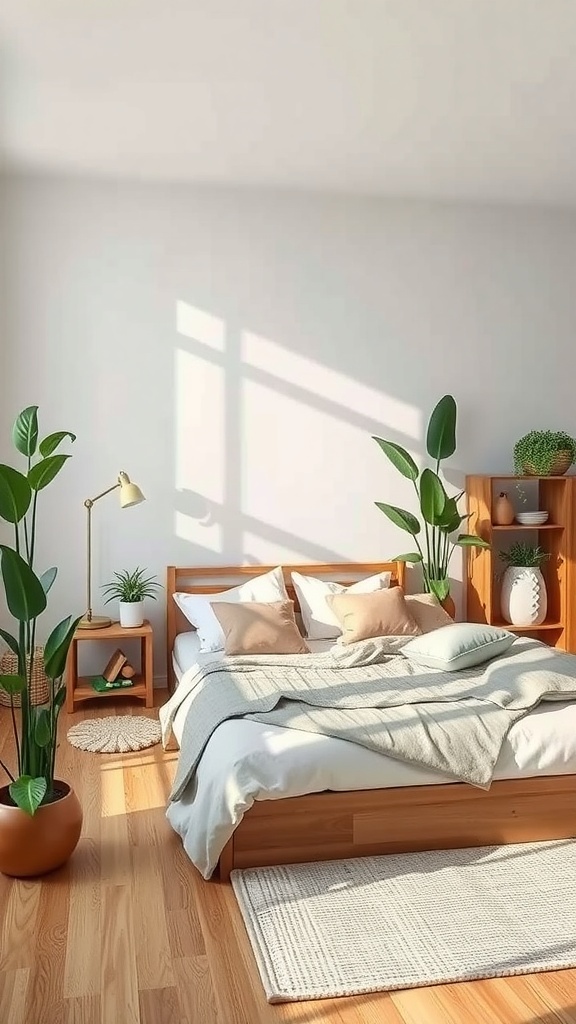 A warm modern bedroom with plants, natural wood furniture, and soft textiles.