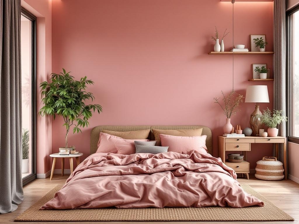 A cozy earthy pink bedroom featuring a bed with soft linens, wooden furniture, and indoor plants.
