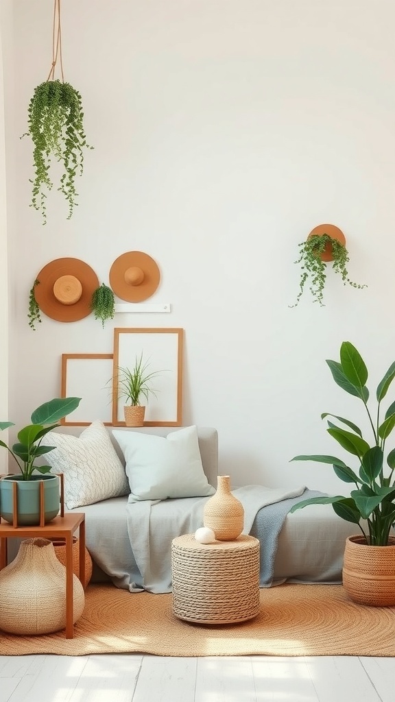 A cozy living space featuring plants, natural materials, and soft textiles.