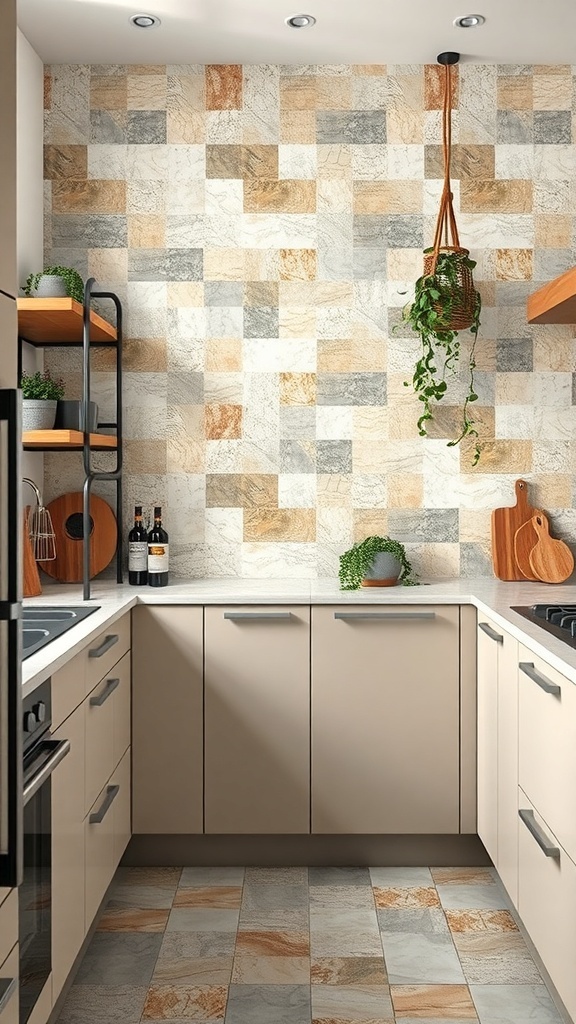 A modern kitchen featuring sustainable recycled tiles in earthy tones, showcasing a stylish and eco-friendly design.