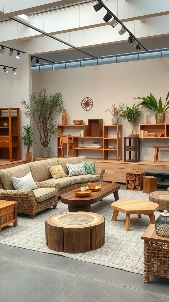 A cozy living room featuring rustic furniture with wooden tables and a comfortable sofa.
