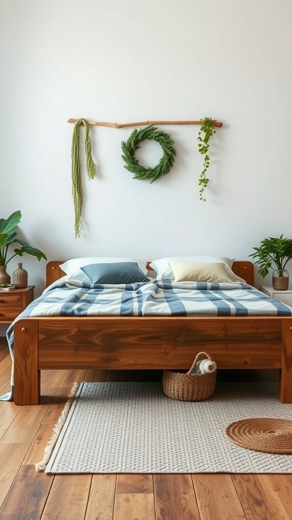 A rustic bed frame with a cozy blanket and decorative plants in a bright room.