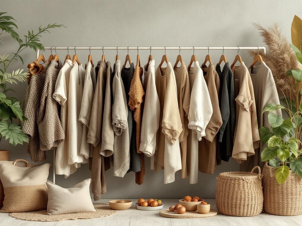A collection of neutral-colored clothing hanging on a rack, surrounded by plants and natural decor.