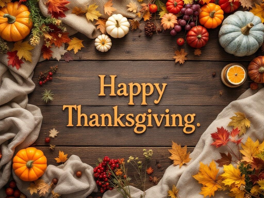 A festive Thanksgiving table setting with pumpkins, leaves, and the words 'Happy Thanksgiving' on a wooden surface.
