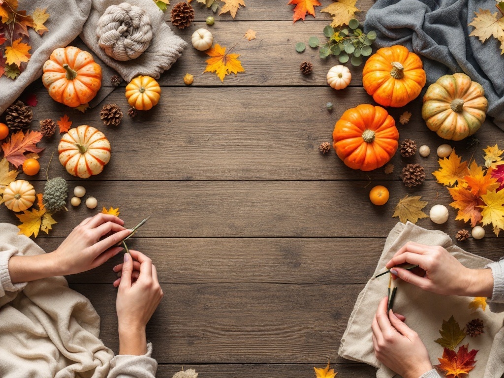 A rustic Thanksgiving table setting with pumpkins, leaves, and hands working with natural materials.