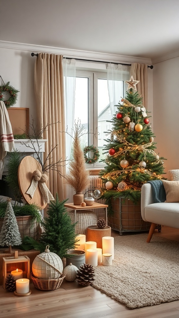 A cozy winter living room decorated with a Christmas tree, candles, and natural elements.