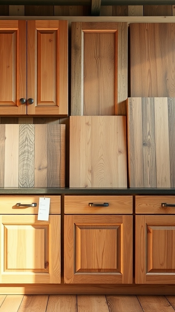 Various rustic kitchen cabinet samples showcasing sustainable wood options.
