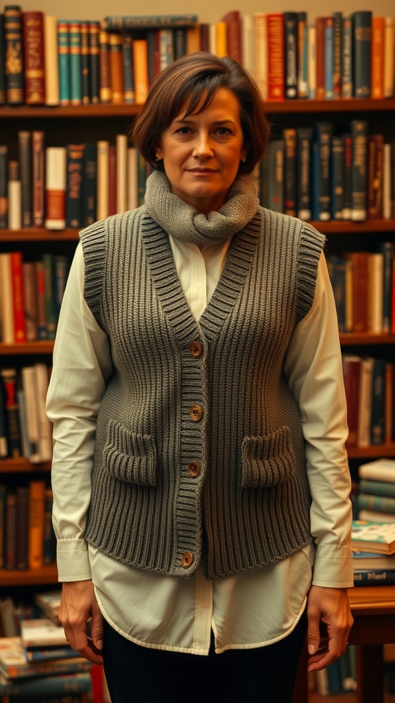 A person wearing a gray sweater vest over a white long-sleeve blouse, standing in front of a bookshelf.