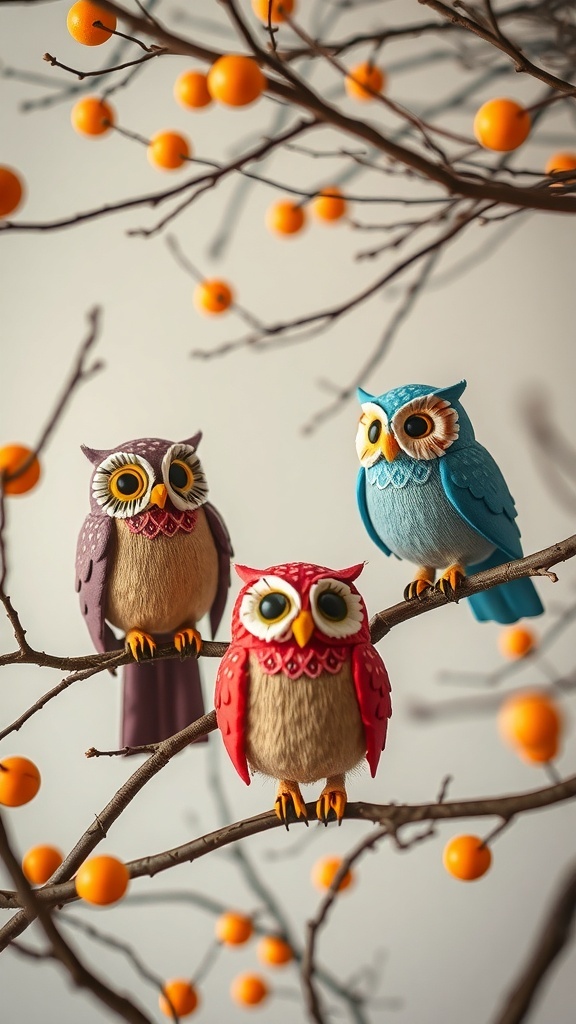 Three colorful owl decorations on a branch with orange berries