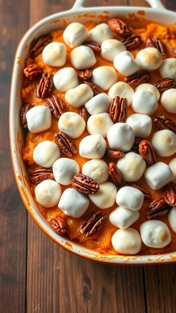 A delicious sweet potato casserole topped with marshmallows and pecans.