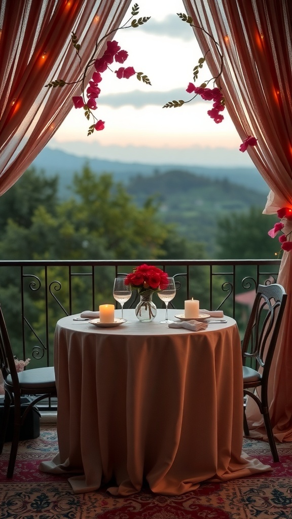 A romantic sweetheart table set for two with roses and candles.
