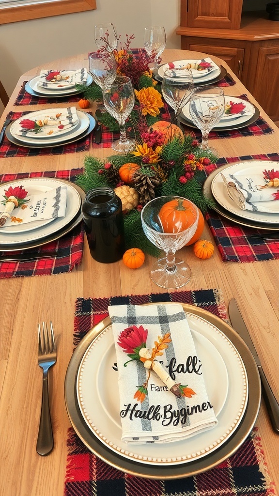 Thanksgiving table setting with plaid accents, featuring plates, napkins, and a colorful centerpiece.