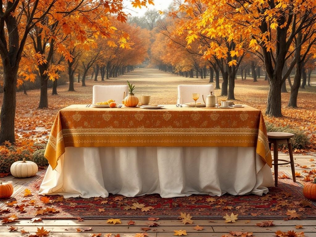 Thanksgiving table set outdoors with an orange tablecloth, pumpkins, and autumn leaves.
