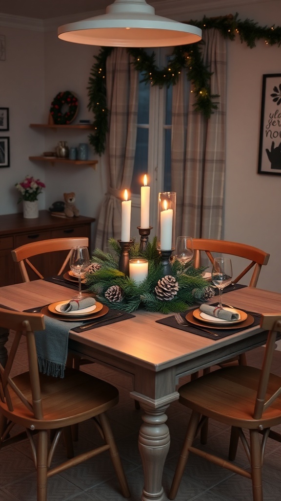 A cozy tabletop centerpiece featuring candles, pinecones, and greenery.