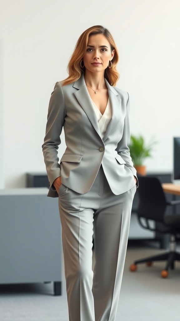 A woman wearing a light gray tailored blazer and trousers, standing confidently in an office setting.