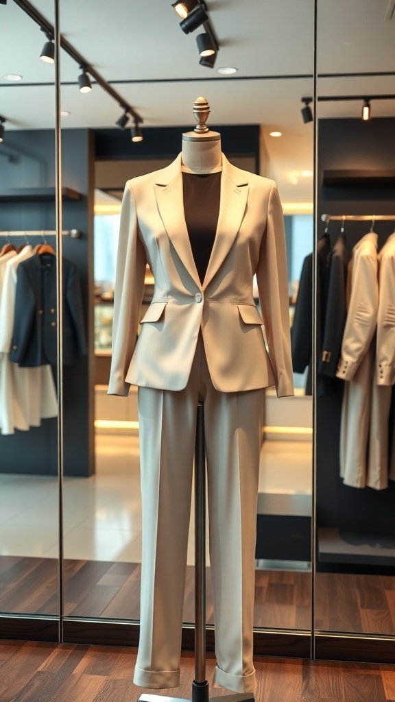 A tailored beige blazer and trousers displayed on a mannequin in a stylish boutique.