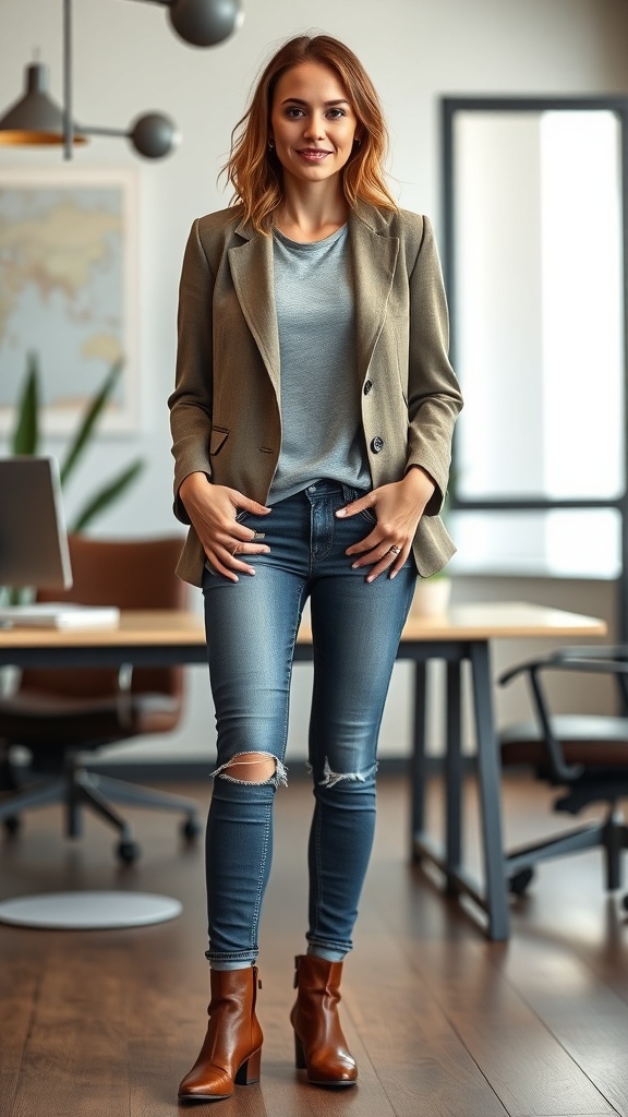 A woman wearing a tailored blazer over a gray t-shirt, paired with ripped jeans and brown ankle boots, standing in a modern office setting.