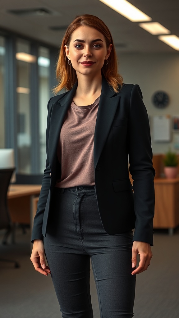 A woman wearing a fitted black blazer over a casual top, standing confidently in an office setting.