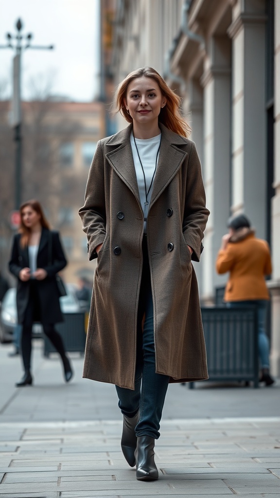 A woman in a stylish brown tailored coat walking confidently on a city street, showcasing a casual business outfit.
