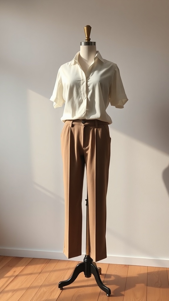 A mannequin displaying a light blouse and brown tailored cropped trousers.