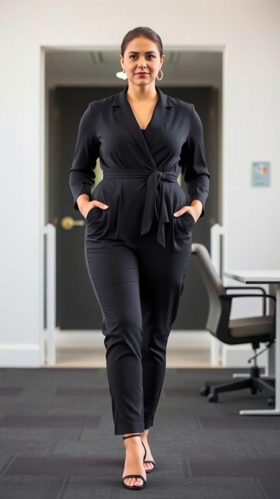 A plus-size woman wearing a tailored black jumpsuit with a wrap design and pockets, standing confidently in an office setting.