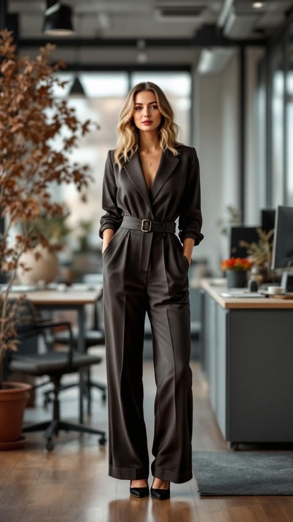 A woman in a tailored jumpsuit standing in a modern office setting.