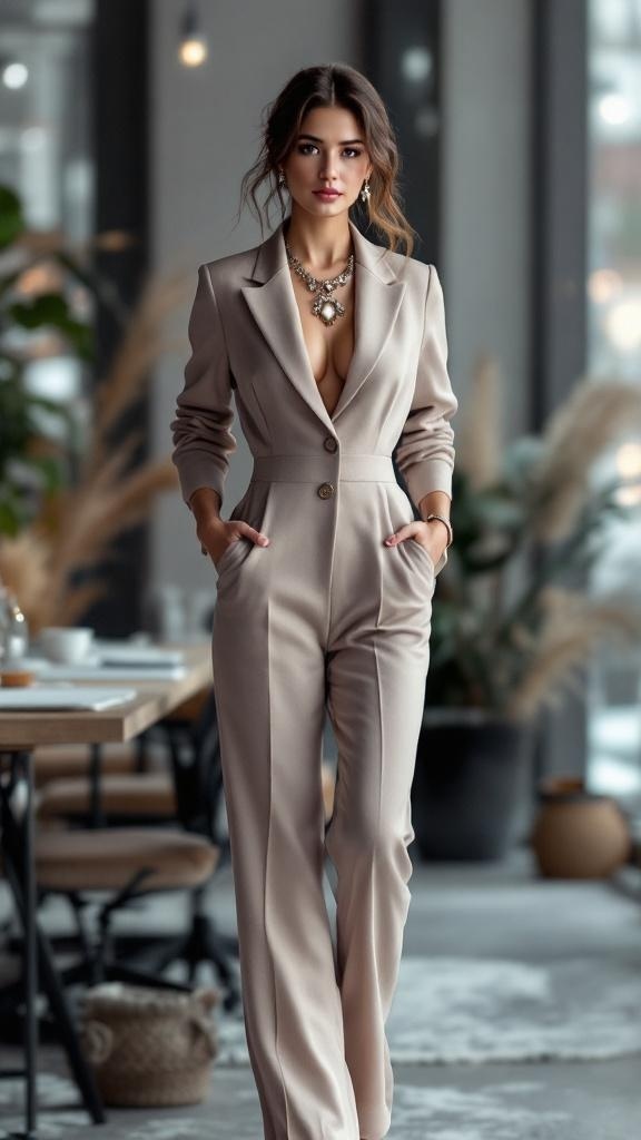 A woman in a tailored jumpsuit with statement accessories, showcasing a chic winter business casual outfit.