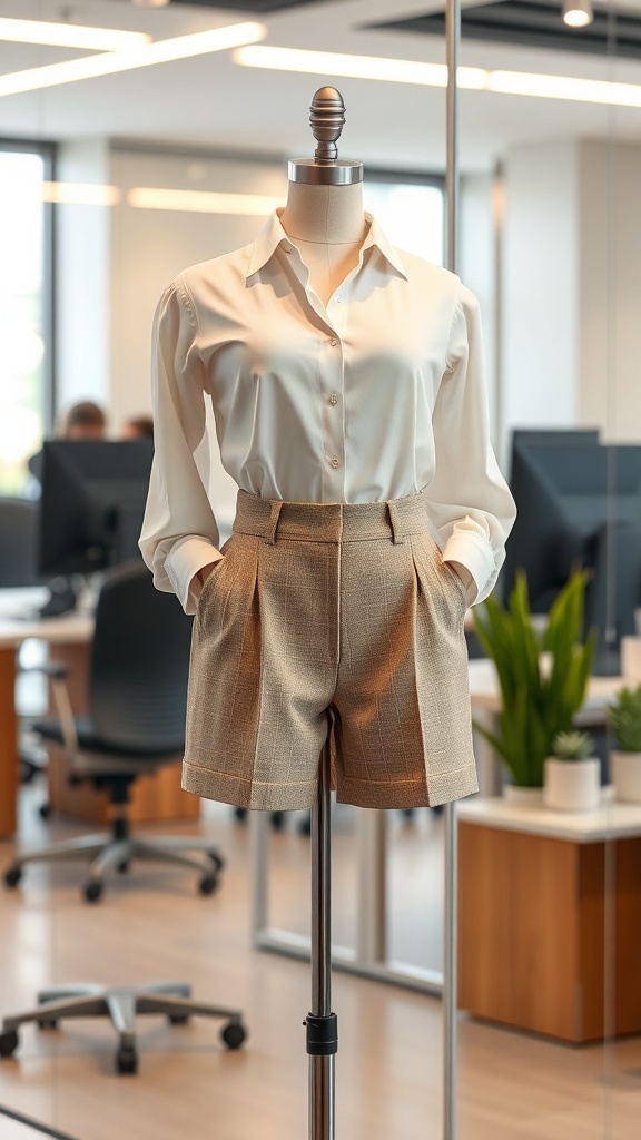 A mannequin displaying a smart casual outfit featuring tailored shorts and a white shirt in an office setting.