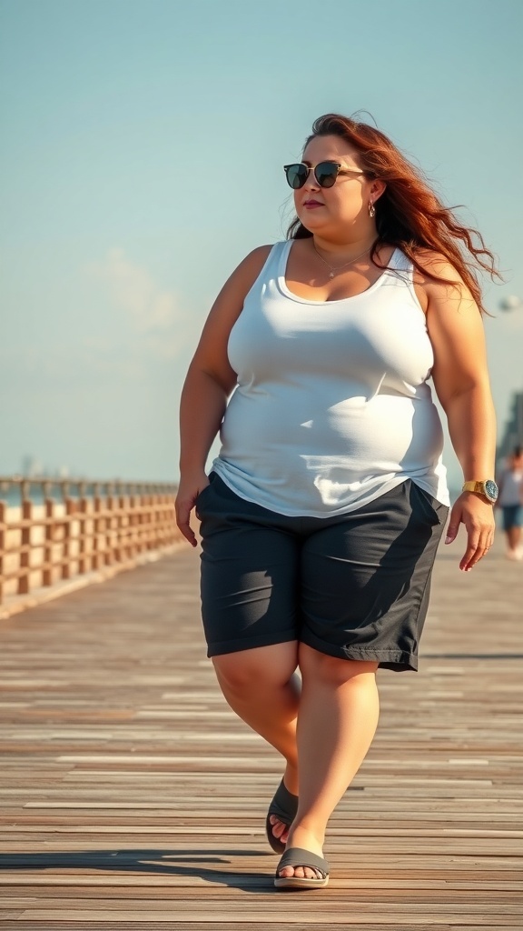 A plus-size woman walking on a boardwalk wearing tailored shorts and a tank top.