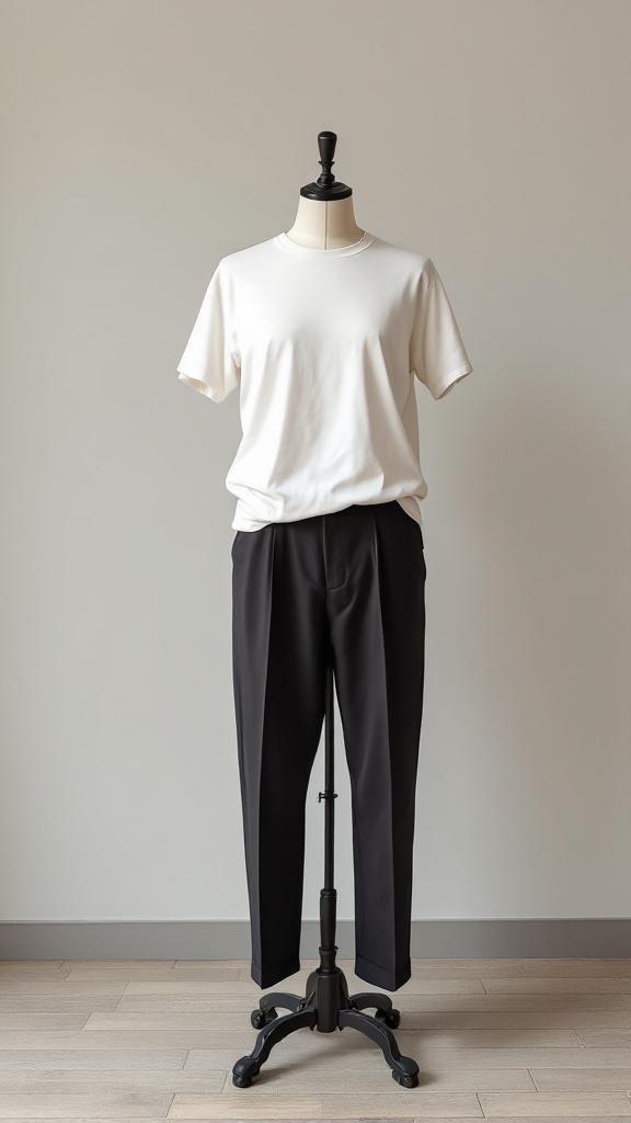 A mannequin displaying a white relaxed tee paired with tailored black trousers.