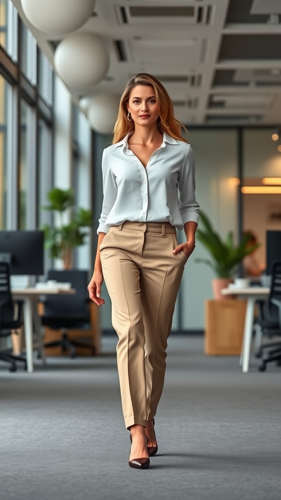 A woman in a business casual outfit featuring tailored trousers and a white shirt, walking confidently in a modern office space.