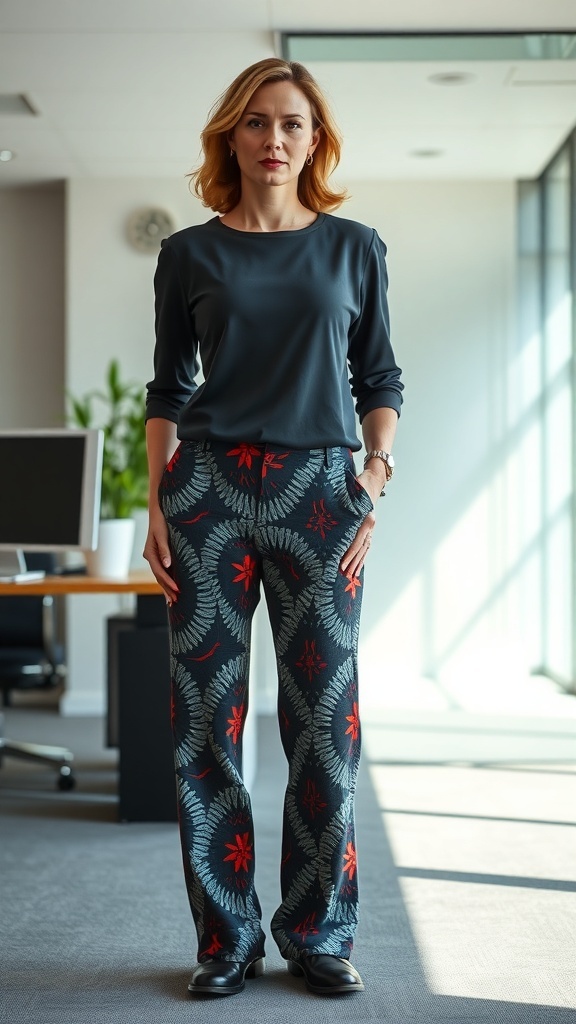 A woman in a stylish office setting wearing patterned tailored trousers and a simple top.