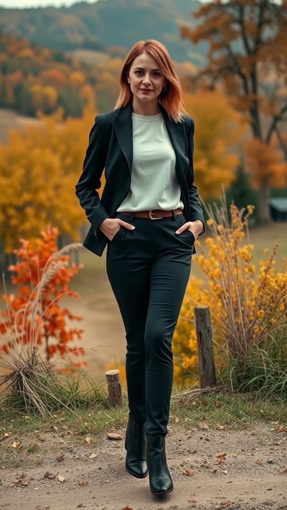 A woman wearing tailored trousers and ankle boots in a fall setting.