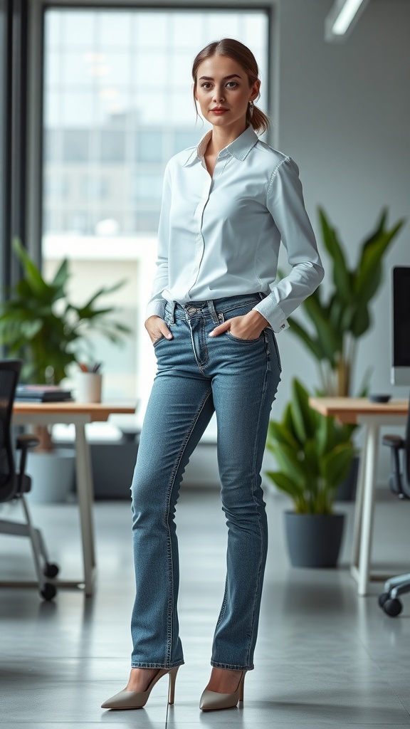 A woman in a tailored white shirt and ankle jeans standing in an office setting.