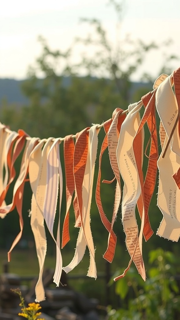 A garland made of tattered fabric and ribbons in autumn colors, hanging outdoors.