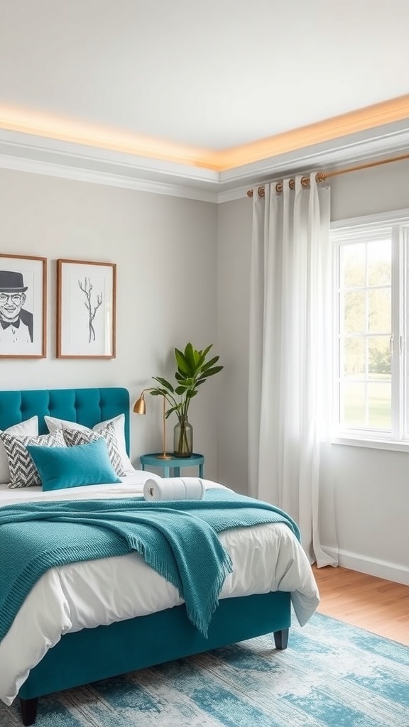 A cozy teal-themed bedroom with a teal bed, decorative pillows, and a plant by the window.